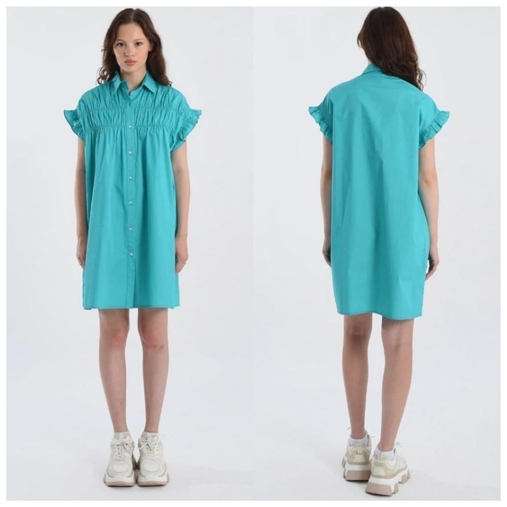Lili Sidonio Cotton Button Up Ruffle Sleeve Smocked Dress Lagoon Blue Green XS